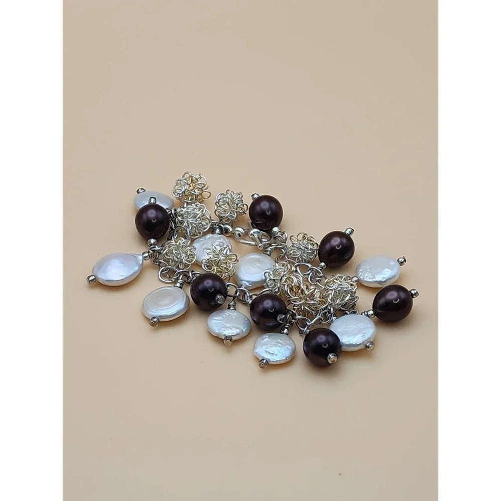 Vtg GENUINE Coin Pearl & Brown Glass Bead Bracelet Silver Wire Balls FREE $HIP!!